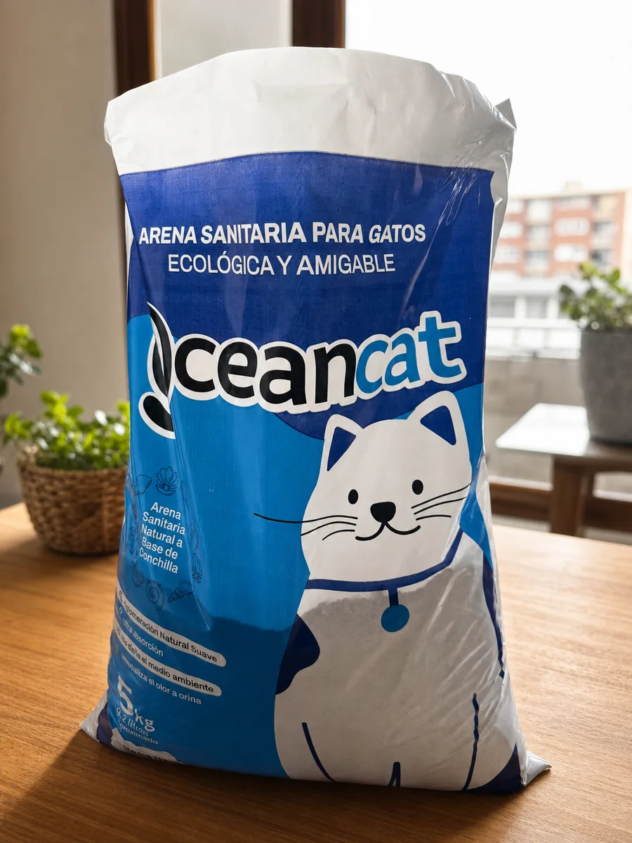 Bolsa real de arena sanitaria OceanCat en un ambiente doméstico